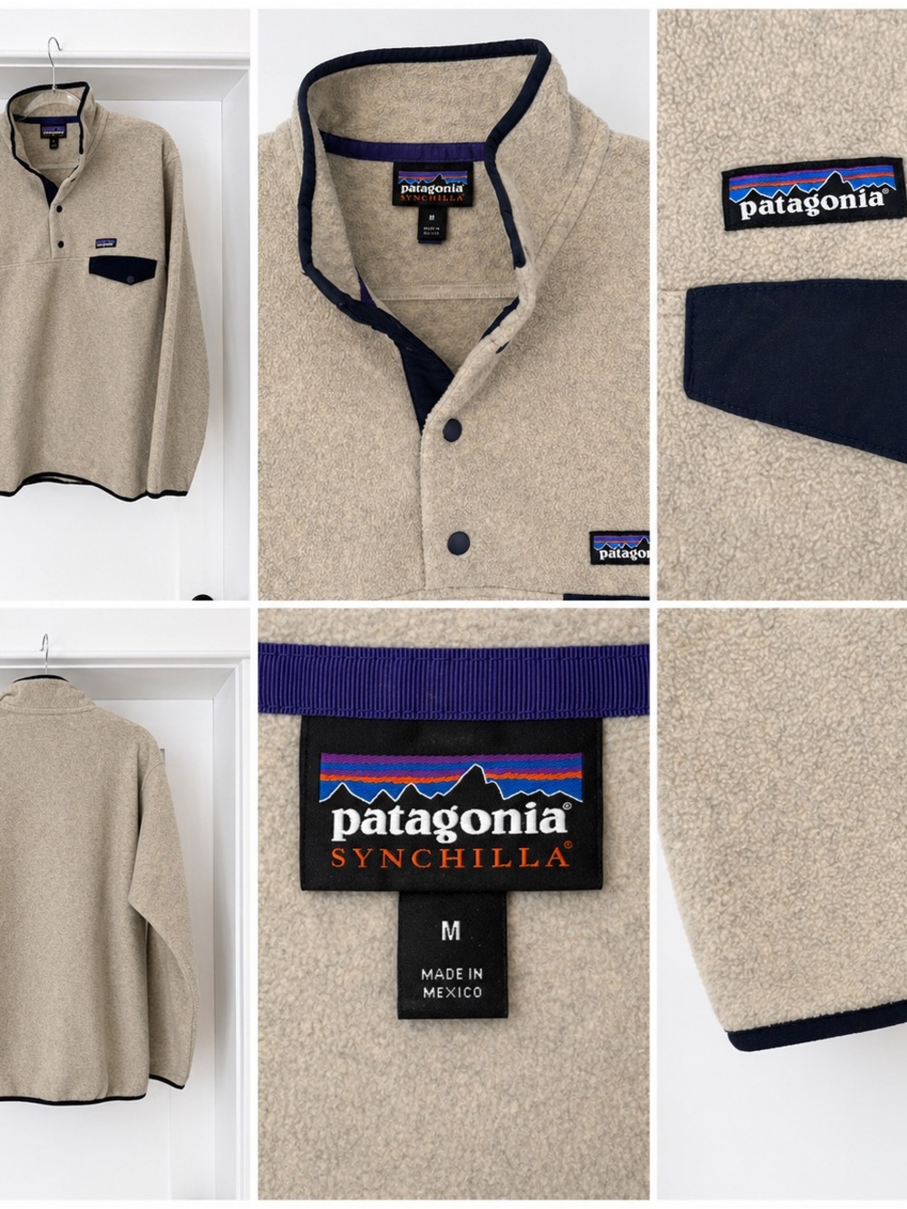 Patagonia Men’s Zip-Up Fleece Pullover in Tan with Navy Trim
